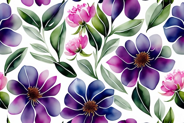 A colorful floral pattern with purple, blue, and pink flowers.