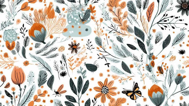 A colorful floral pattern with a rabbit and a butterfly.