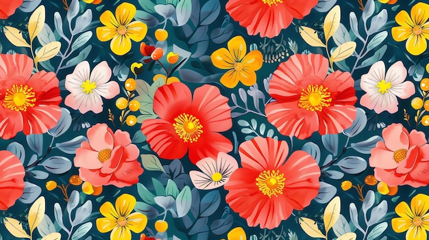 Colorful floral pattern with red yellow and white flowers on a teal background