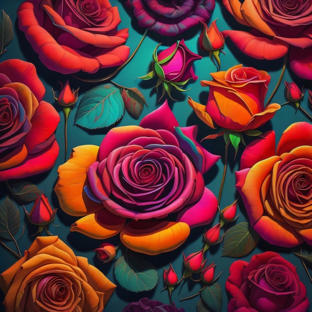 A colorful floral pattern with a rose in the center.