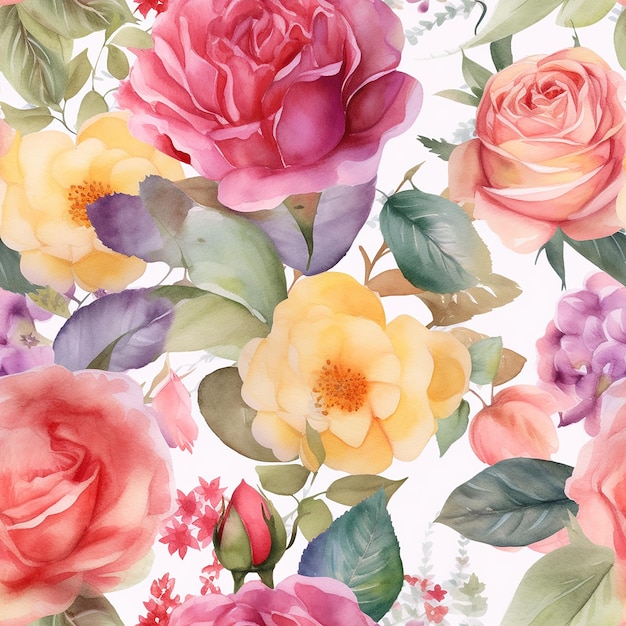 A colorful floral pattern with roses and leaves.