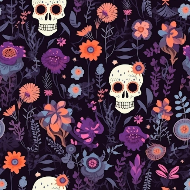 A colorful floral pattern with skulls and flowers on a black background generative ai