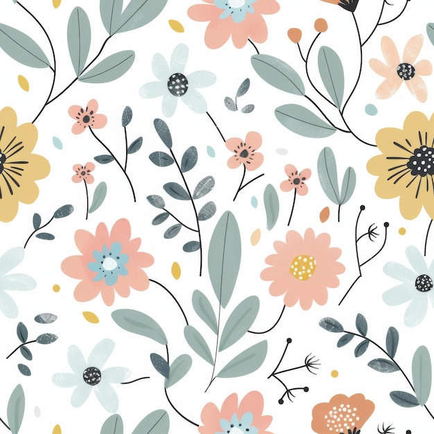 A colorful floral pattern with a variety of flowers and leaves