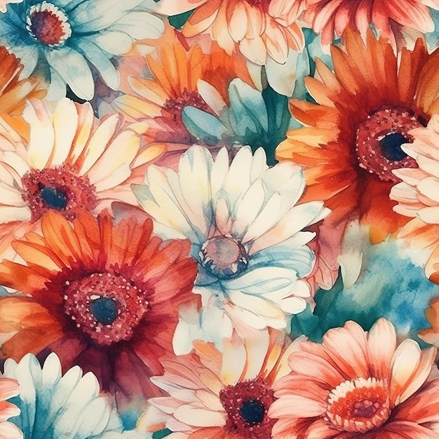 A colorful floral pattern with a white and orange daisy.