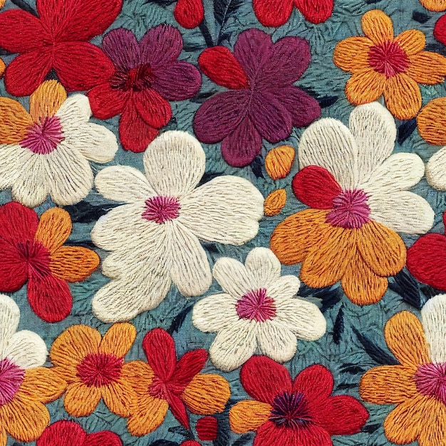 A colorful floral pattern with a white and red flower.