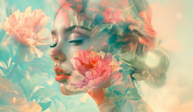 A colorful floral portrait featuring a beautiful womans face