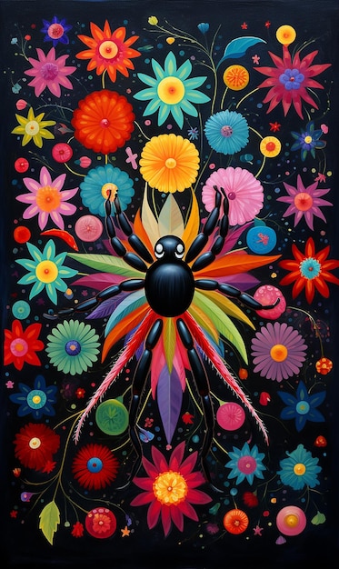 Colorful Floral Spider on Abstract Poster Style Naive Art