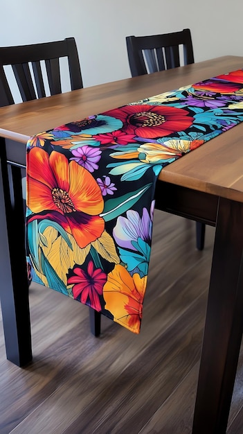 Colorful Floral Table Runner on a Wooden Table