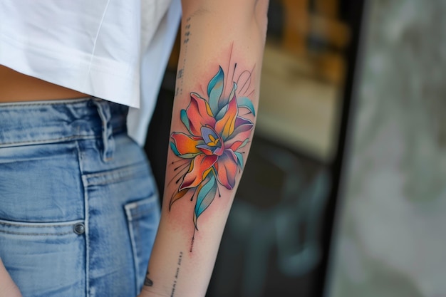 Photo colorful floral tattoo on a persons forearm showcased against an backdrop during daylight hours