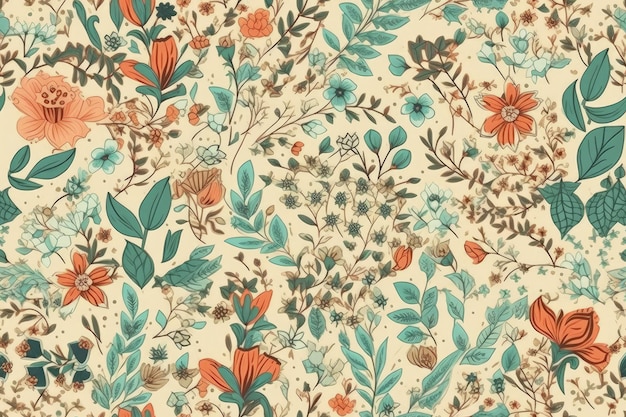 Colorful floral wallpaper with various flowers and leaves Generative AI