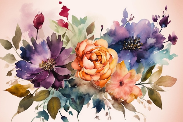 A colorful floral watercolor painting with flowers.