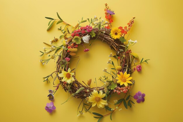 Photo colorful floral wreath on yellow background