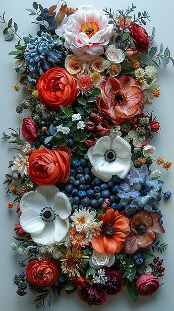 a colorful flower arrangement is shown with a blueberries and blueberries