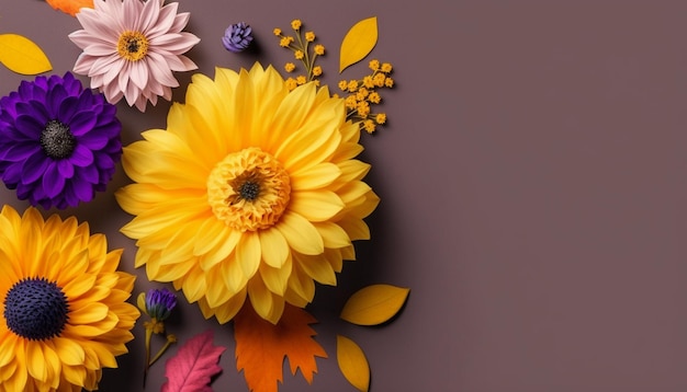 A colorful flower arrangement with leaves and flowers on a brown background.