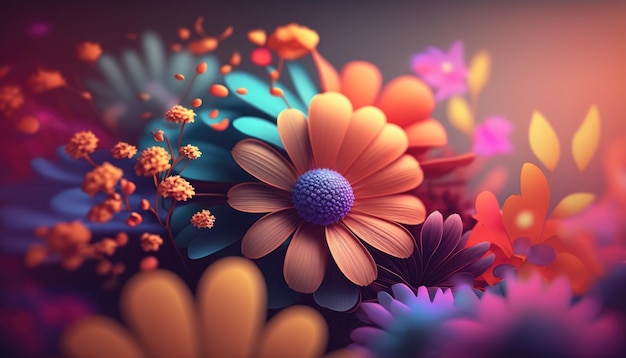 A colorful flower background with a blue and orange background