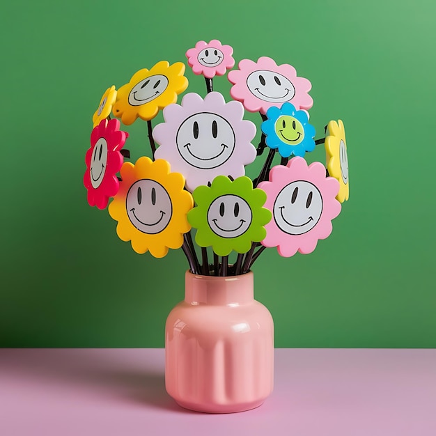 Photo colorful flower bouquet with smiley faces in a 3d rendering of flowers