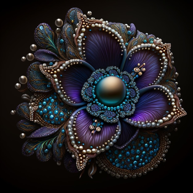 A colorful flower brooch with a pearl and blue beads.