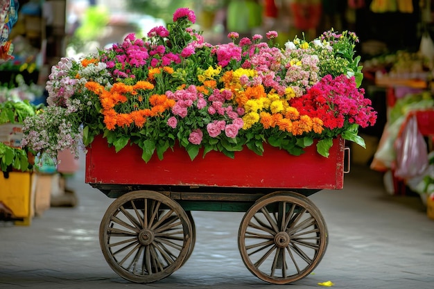 Photo colorful flower cart filled with vibrant blooms at a bustling market in springtime