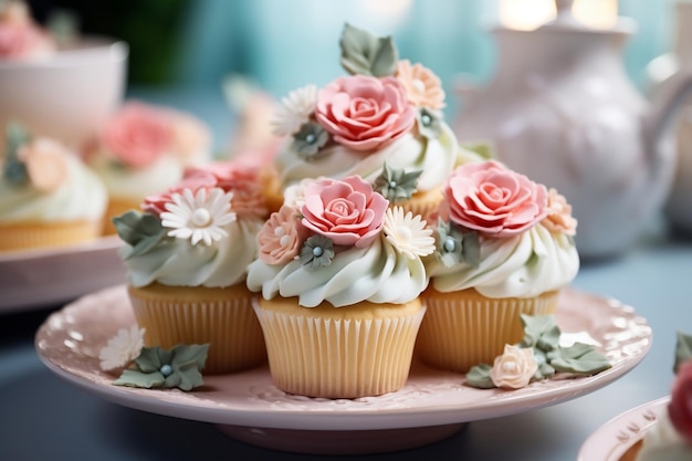 Colorful Flower Decorated Cupcakes in Assorted Varieties Generative AI