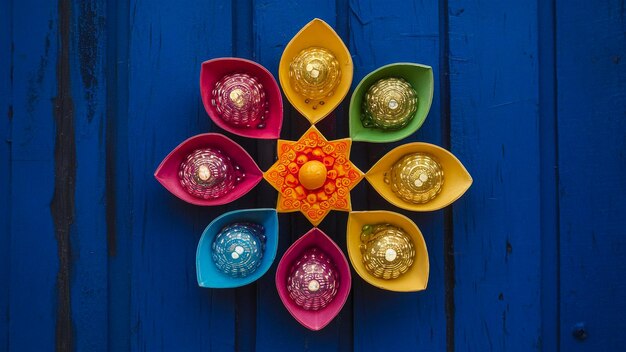 Photo a colorful flower design is on a blue table