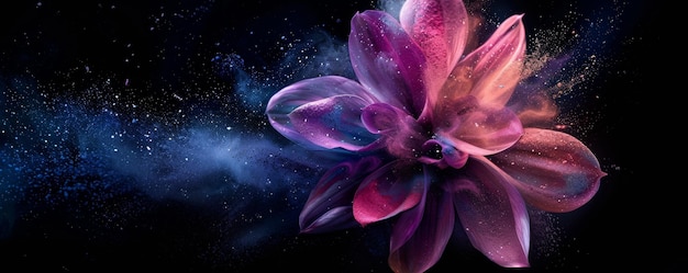 Colorful flower explosion on black background creating vibrant and dynamic art