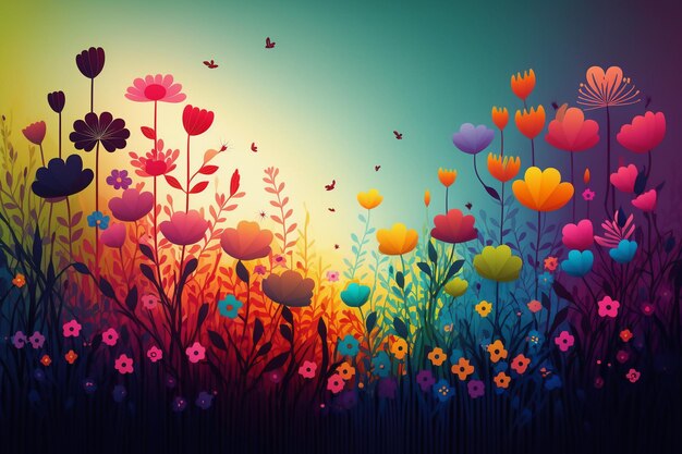 A colorful flower field with a butterfly on the bottom.