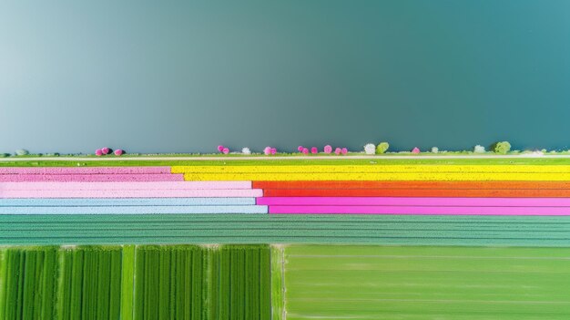 Colorful flower fields creating striped pattern in aerial view