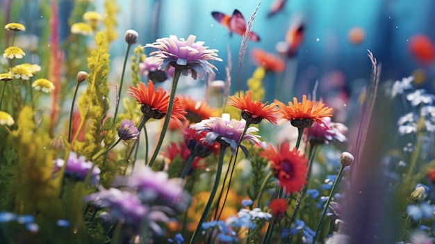 A colorful flower garden with a butterfly on the top