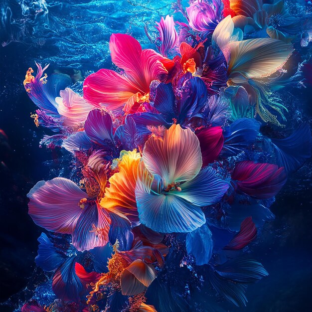 a colorful flower is floating in the water with the colors of the flowers