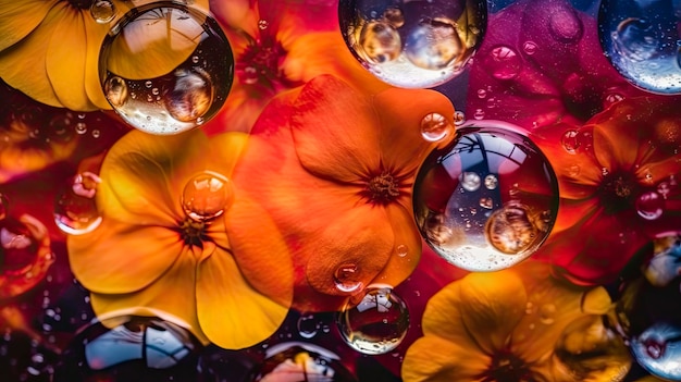 A colorful flower is floating in water with water drops on it.