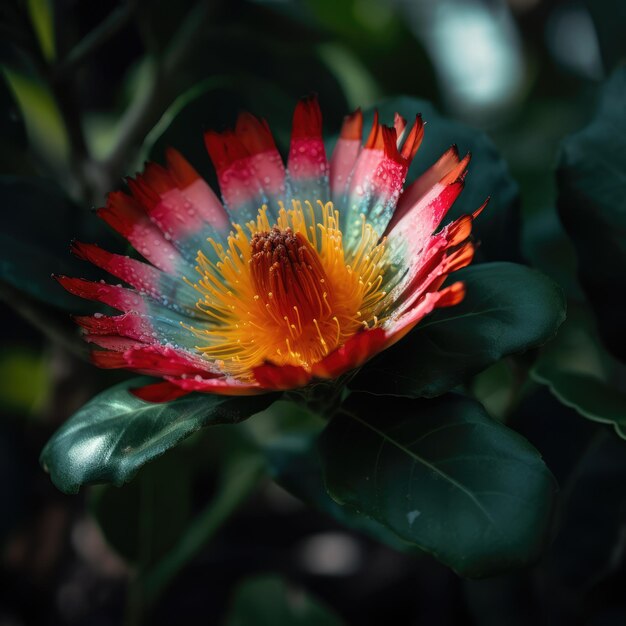 A colorful flower is lit up with a black background generative ai