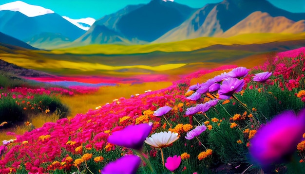 Photo colorful flower landscape mountain scenery field summer valentines day generative ai