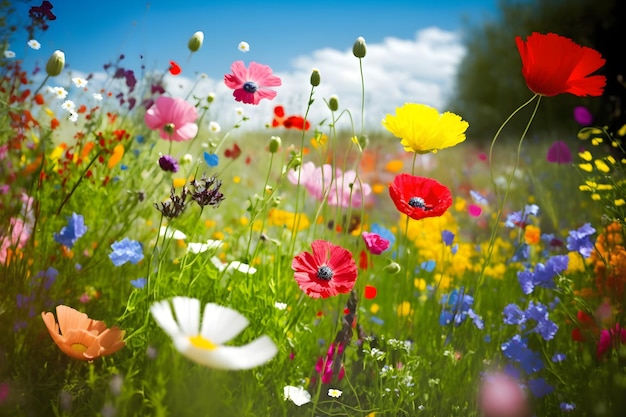 Colorful flower meadow in spring generative ai