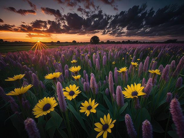 Colorful flower meadow in spring sunset ai generative