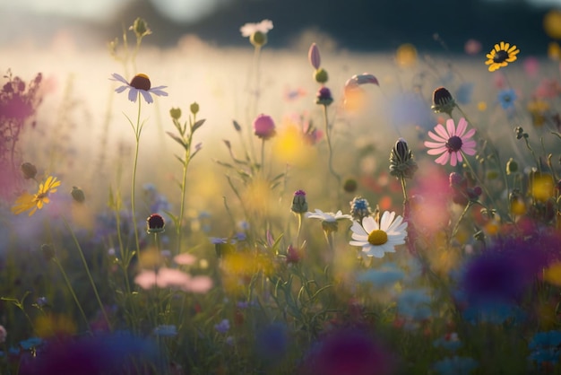 Colorful flower meadow in a sunny day during spring season