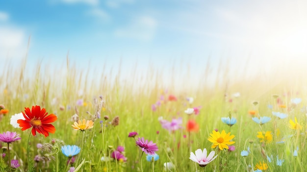 Colorful flower meadow with sunbeams and blue sky