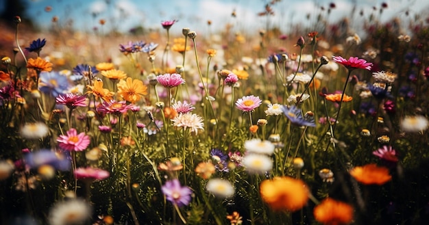 Colorful flower meadow with sunbeams and bokeh lights in summer nature background banner with copy s