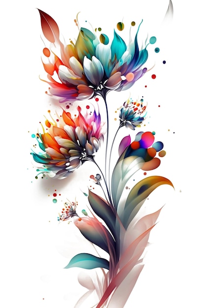 A colorful flower painting with a blue heart and a red heart on the bottom.