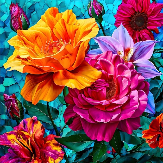 a colorful flower painting with the words flowers on the bottom