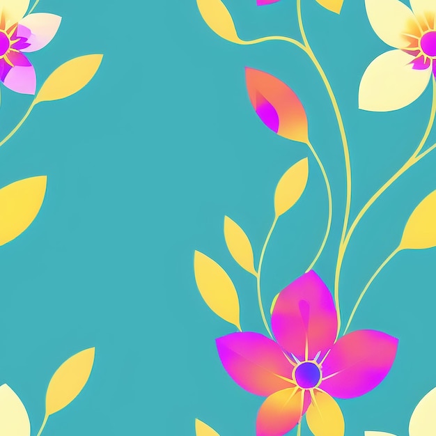 A colorful flower pattern with pink and yellow flowers on a blue background.