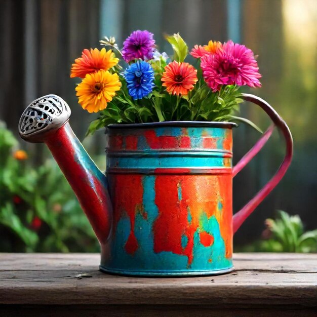 a colorful flower pot with a handle that says flowers on it