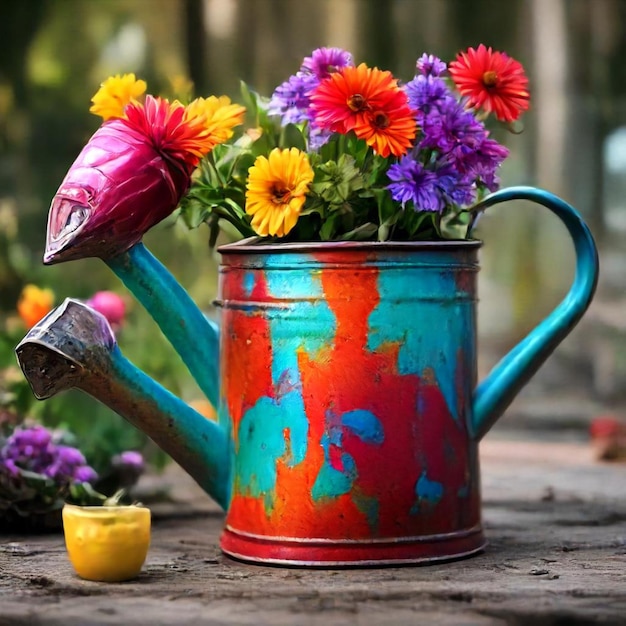 a colorful flower pot with a pot on it that has a flower in it