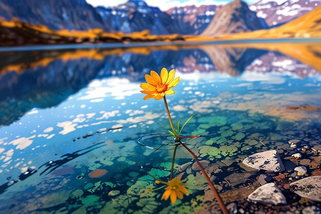 Photo a colorful flower reflected in the water with mountains in the background top view 16k resolution