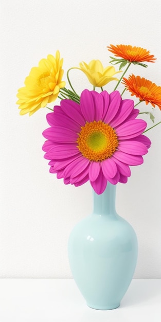 Colorful flower in vase on white Background