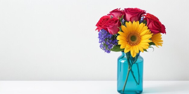 Colorful flower in vase on white Background