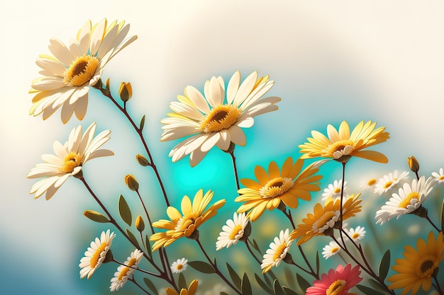 A colorful flower wallpaper with a blue background and a yellow and white daisy.