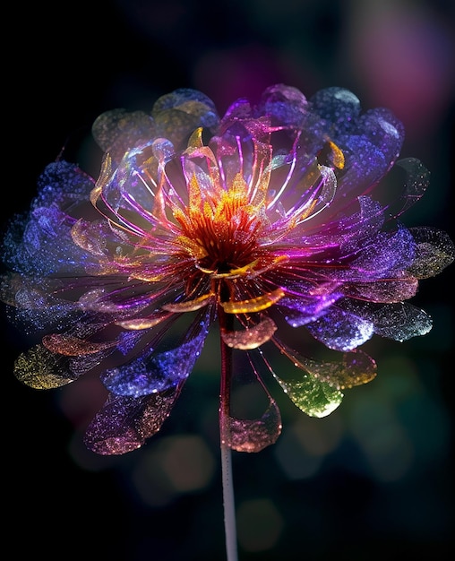 A colorful flower with a black background and a blurry background.