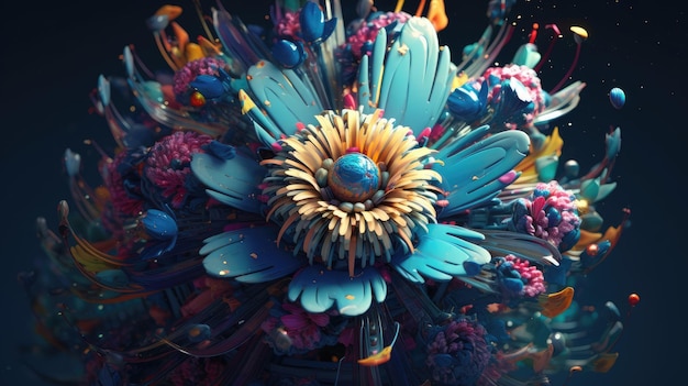 A colorful flower with a blue center and a blue center.