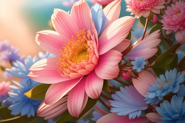 a colorful flower with a blue and pink flower on it