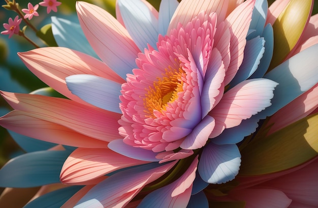 a colorful flower with a blue and pink flower on it